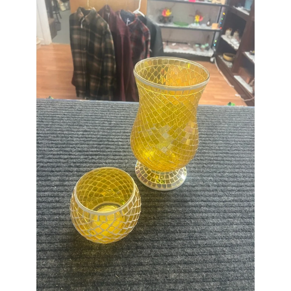 Yellow Mosaic Glass Hurricane Vase and Votive Set EUC Vintage Decor